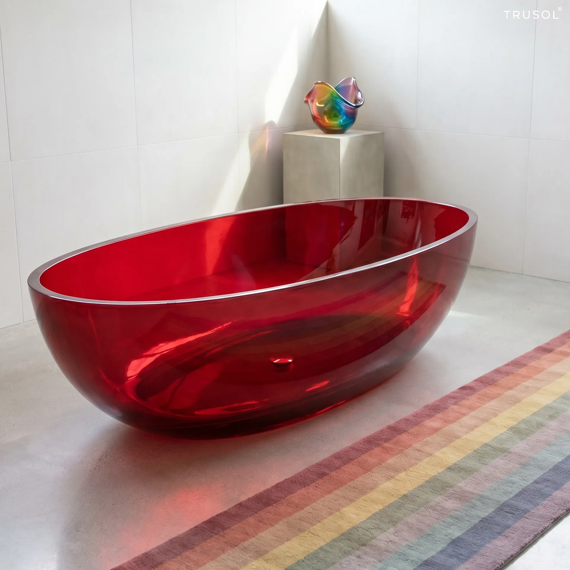 อ่างอาบน้ำ Resin สีแดงโปร่งแสงในห้องน้ำสีขาวพร้อมพร็อพสีรุ้งของ TRUSOL