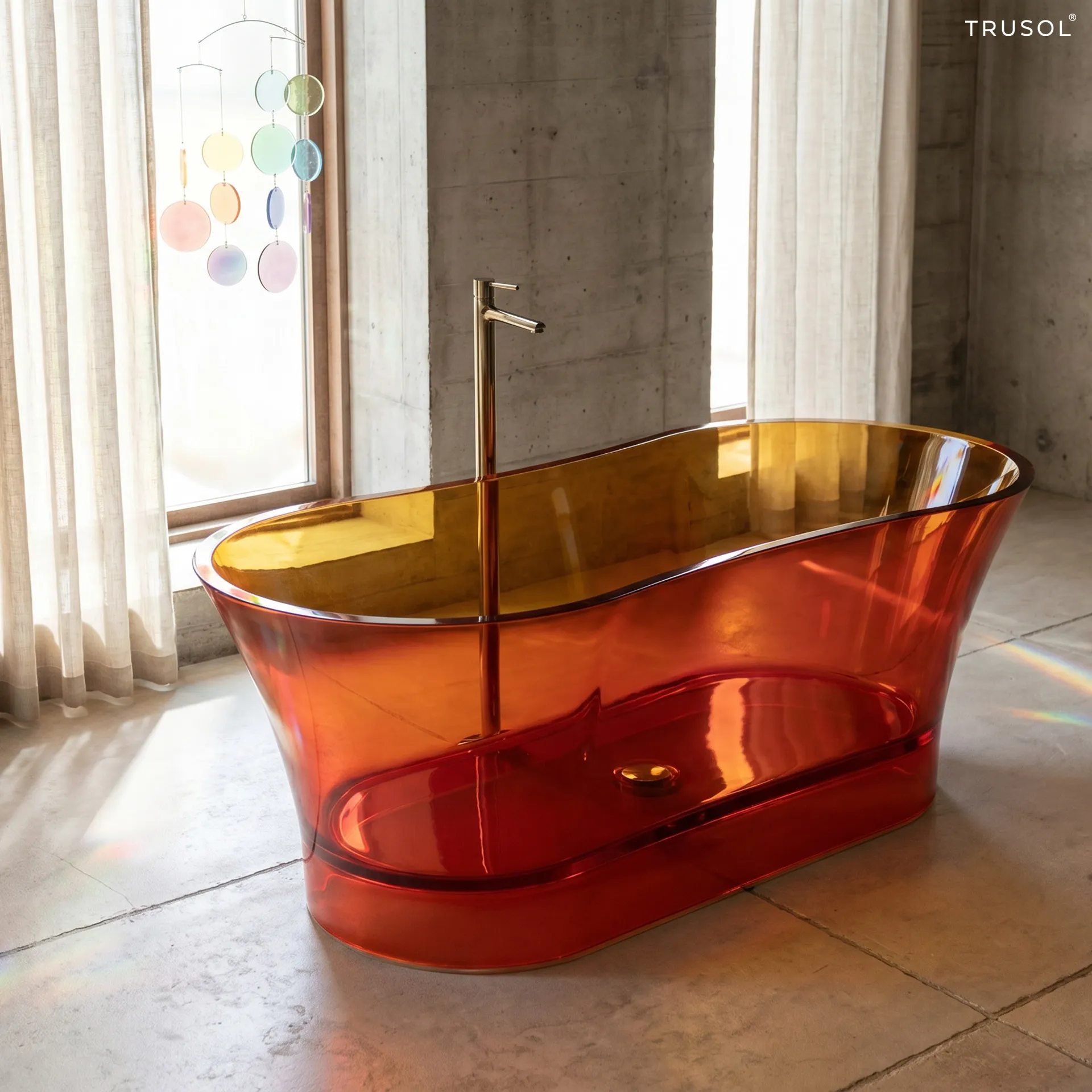 อ่างอาบน้ำ Resin สีแดงส้มโปร่งแสงในห้องน้ำโมเดิร์นพร้อมแสงธรรมชาติ