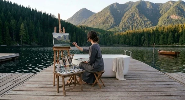 คนกำลังวาดภาพบนระเบียงไม้ริมทะเลสาบ โดยมีอ่างอาบน้ำอยู่ด้านหลัง
