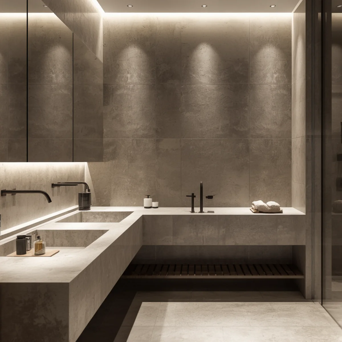 เคาน์เตอร์อ่างล้างหน้า Solid Surface รูปตัว L โทนเทาอุ่น หล่อรวมอ่างสองหลุมแบบไร้รอยต่อ พร้อมก๊อกติดผนังสีดำและไฟซ่อนใต้ชั้น