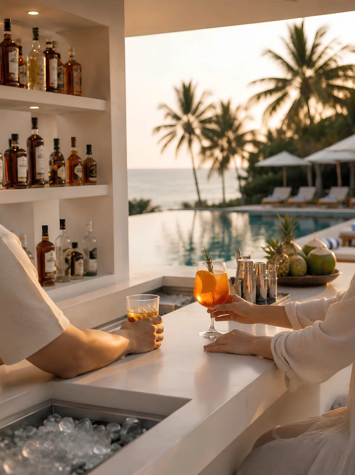 เคาน์เตอร์ Poolside Bar สีขาวพร้อมช่องใส่น้ำแข็งและชั้นวางขวด หันออกสู่สระว่ายน้ำ ต้นมะพร้าว และวิวทะเล