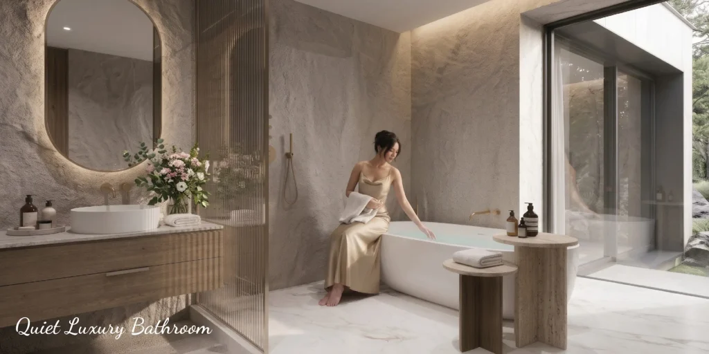 ห้องน้ำโทนหินธรรมชาติสีเบจ ผู้หญิงนั่งริมอ่างอาบน้ำสีขาว อ่างล้างหน้าวางบนเคาน์เตอร์ไม้ลอยตัว กระจกโค้งไฟส่องหลัง และข้อความ Quiet Luxury Bathroom